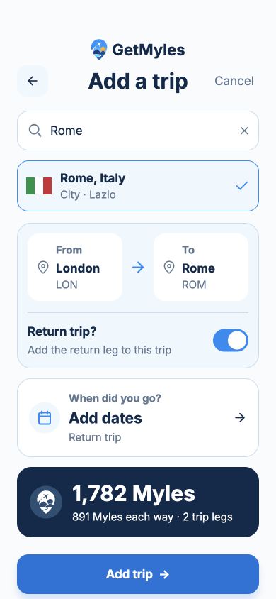 Actual app Add a trip screen showing London to Rome and a return journey