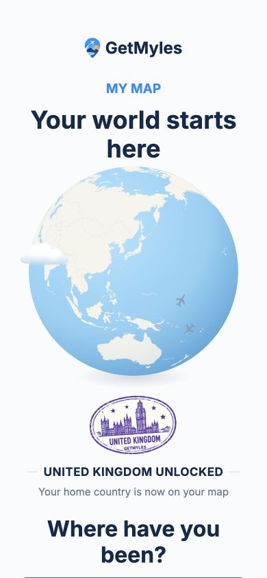 Screenshot of the current GetMyles app: Home is your first pin