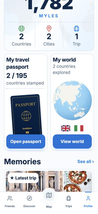 Actual app Profile scrolled to the travel passport preview and personal globe
